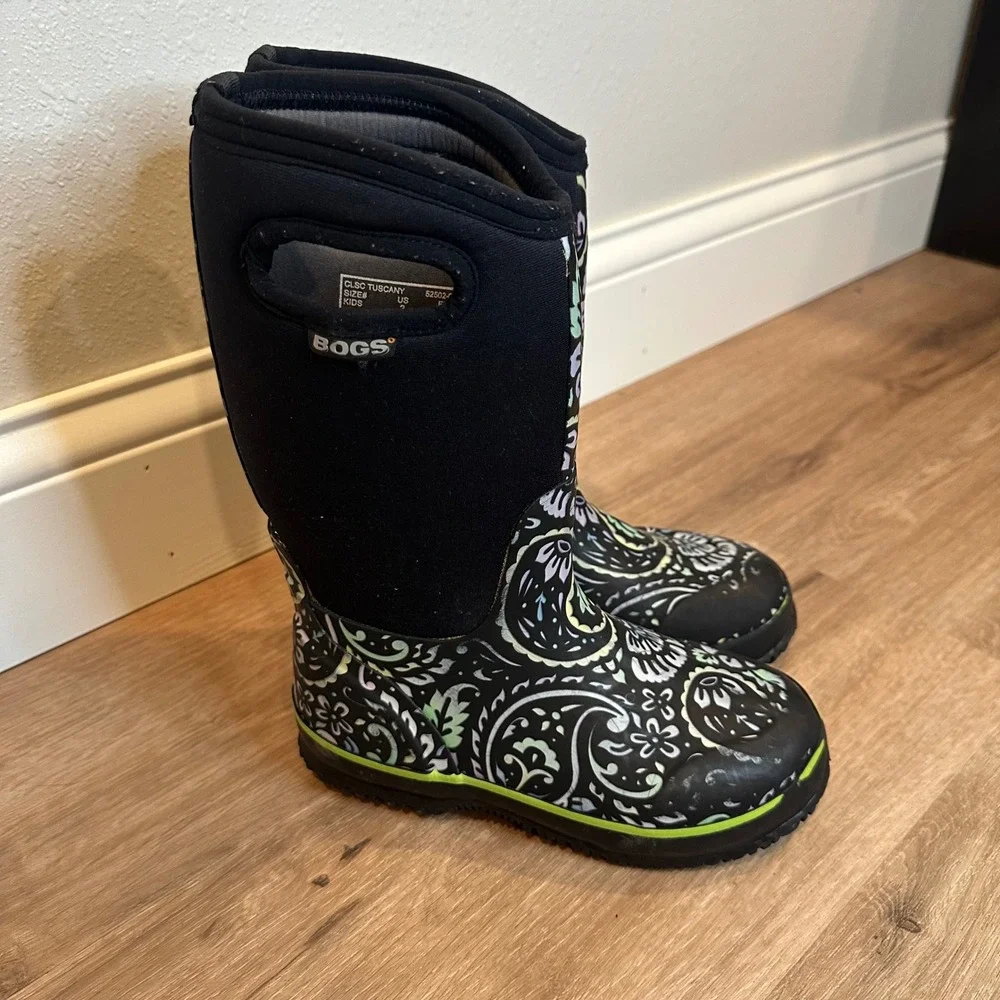 Bogs Classic Tuscany Rain Boots Kids Size 2 Black Paisley Floral Waterproof Snow